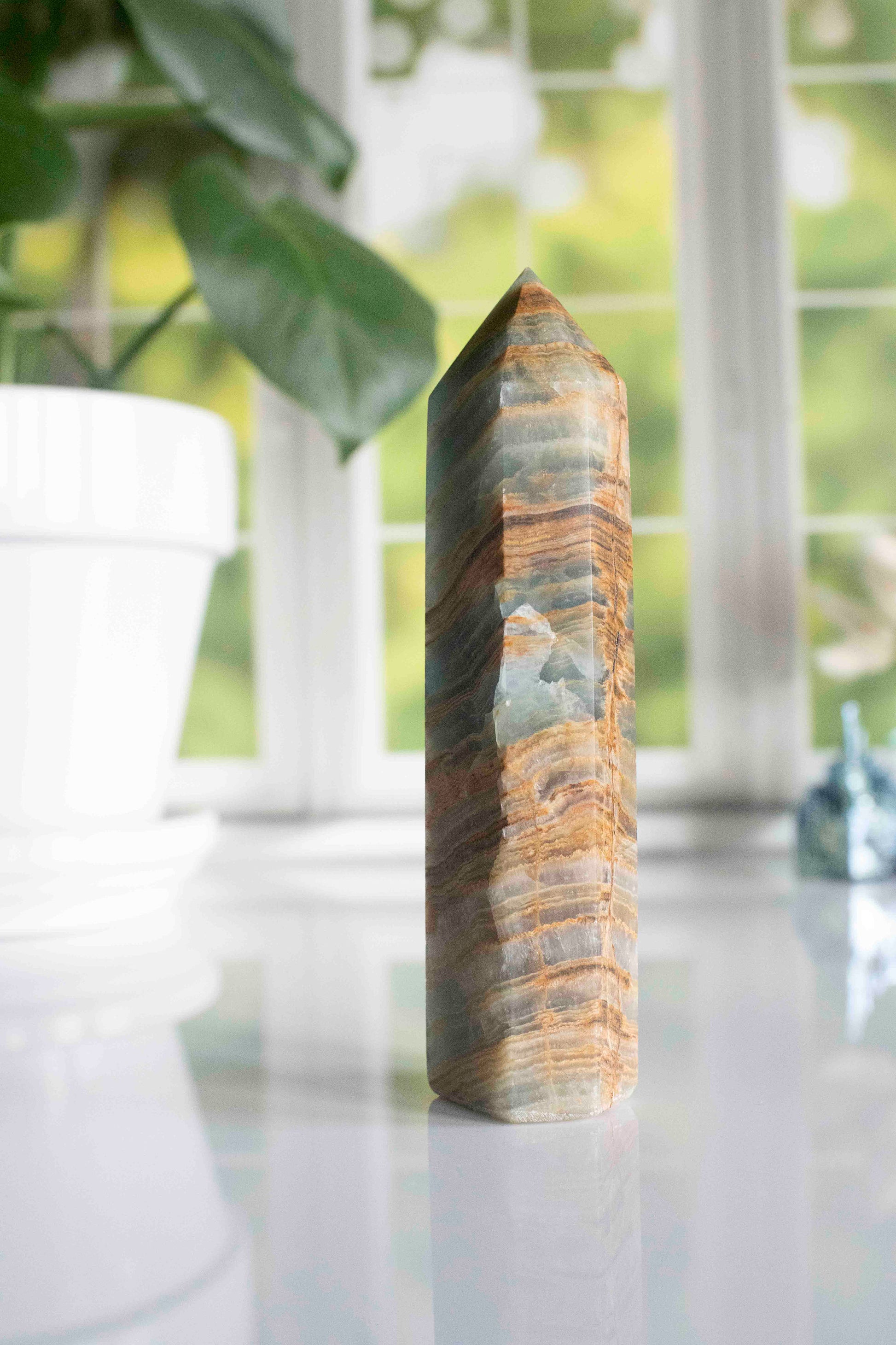 Beautiful Blue Onyx Tower 6 1/2" , Blue Lemurian Tower, Blue Lemurian Aquatine Calcite Crystal Tower, Blue Crystals, Banded Onyx Tower