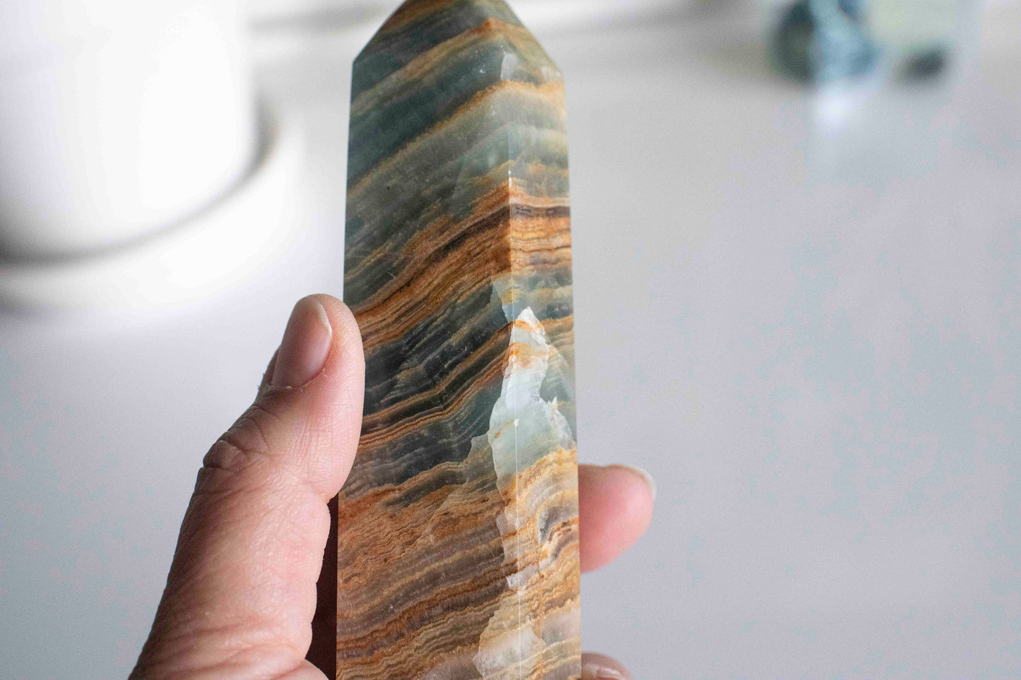 Beautiful Blue Onyx Tower 6 1/2" , Blue Lemurian Tower, Blue Lemurian Aquatine Calcite Crystal Tower, Blue Crystals, Banded Onyx Tower