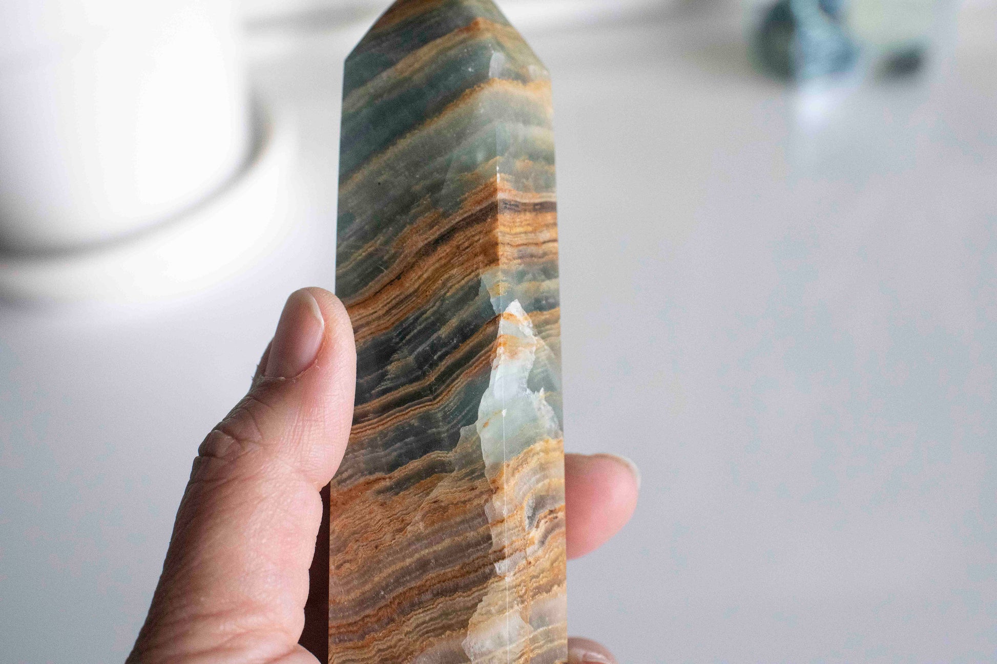 Beautiful Blue Onyx Tower 6 1/2" , Blue Lemurian Tower, Blue Lemurian Aquatine Calcite Crystal Tower, Blue Crystals, Banded Onyx Tower