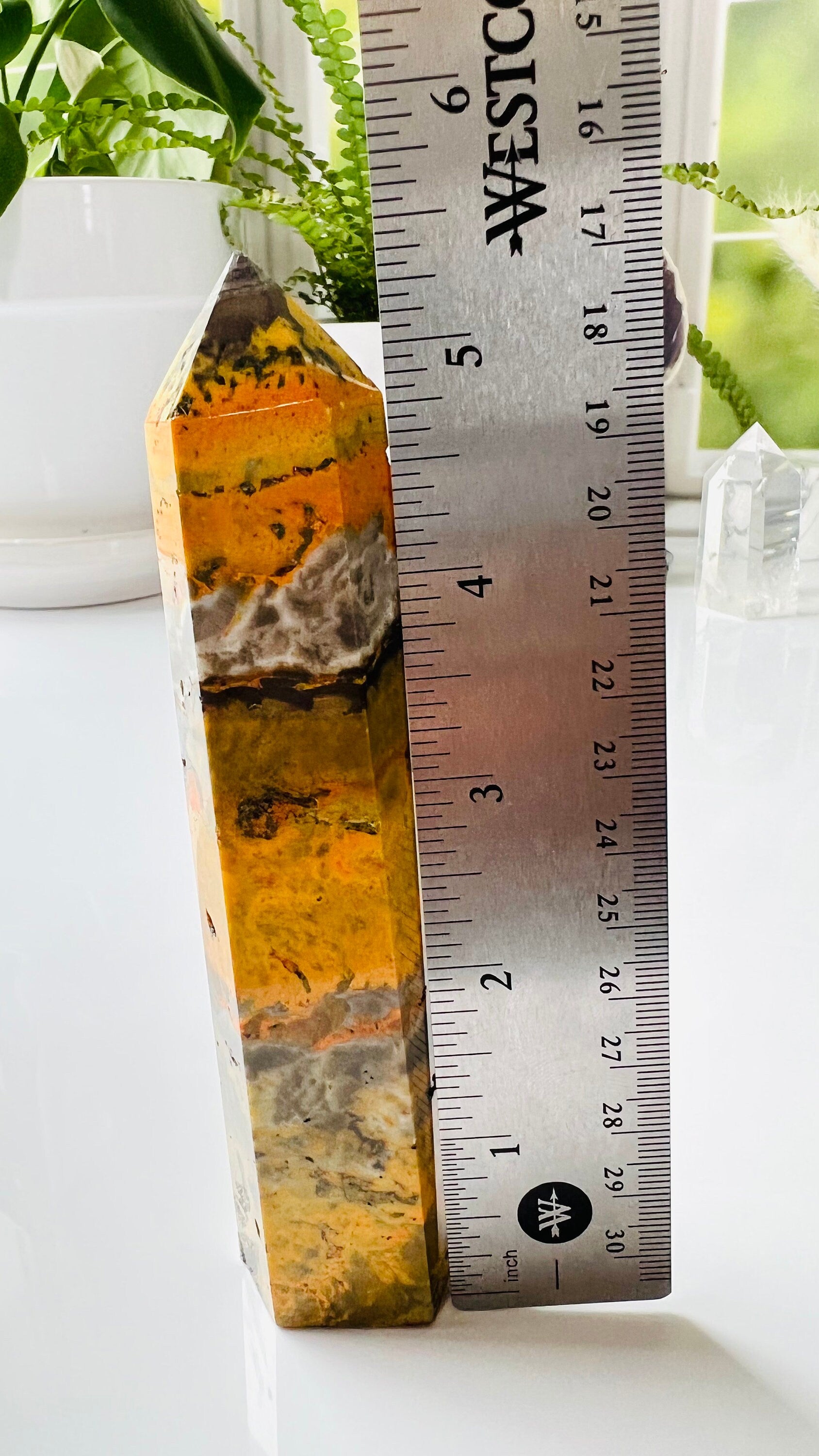 Bumble Bee Jasper Tower, bold and brightly colored crystal tower, 5 1/2 inches tall approx. 6.5 ounces.