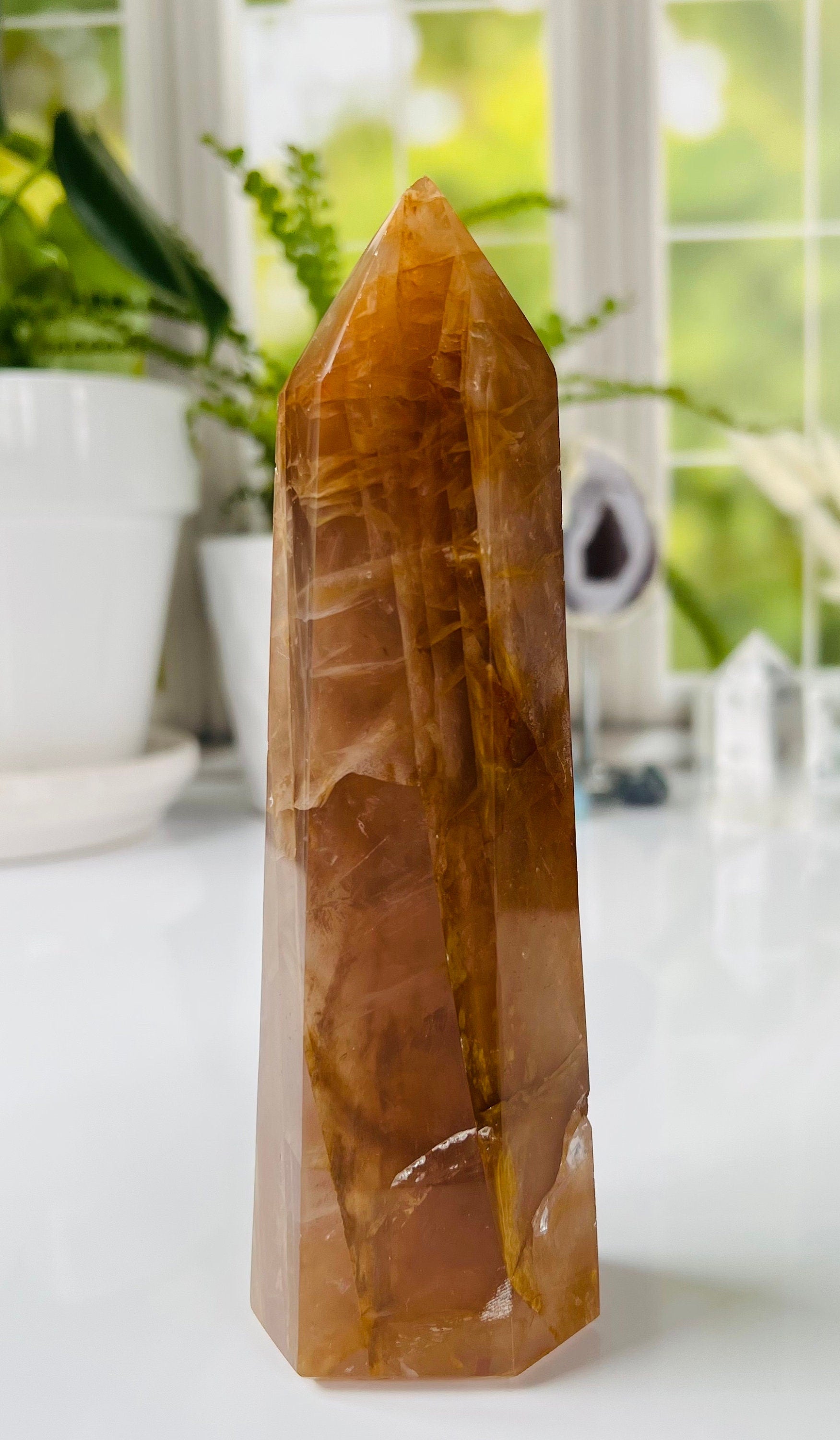 Golden Healer Quartz Tower, 6 1/2 inches tall, also known as Yellow Hematoid Quartz, Polished rich colored tower with rainbows crystal