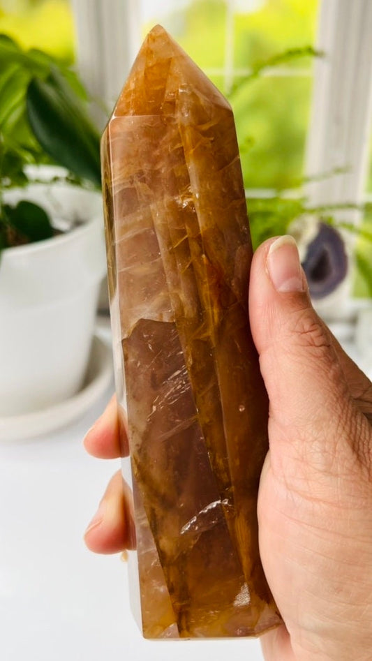 Golden Healer Quartz Tower, 6 1/2 inches tall, also known as Yellow Hematoid Quartz, Polished rich colored tower with rainbows crystal