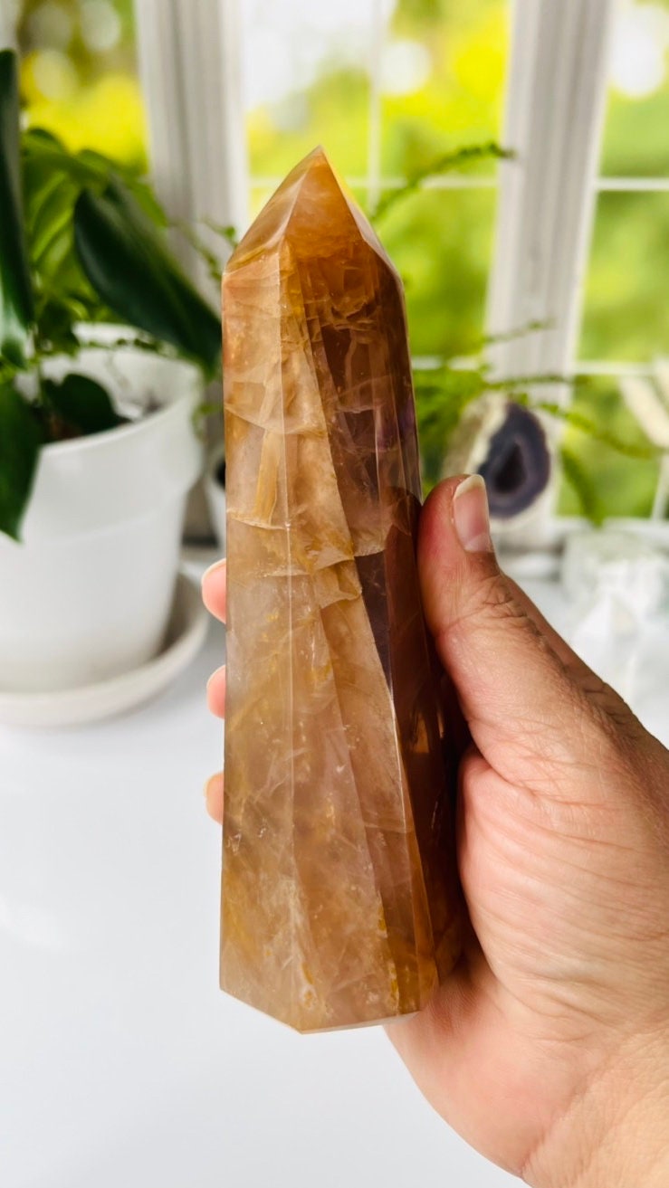 Golden Healer Quartz Tower, 6 1/2 inches tall, also known as Yellow Hematoid Quartz, Polished rich colored tower with rainbows crystal