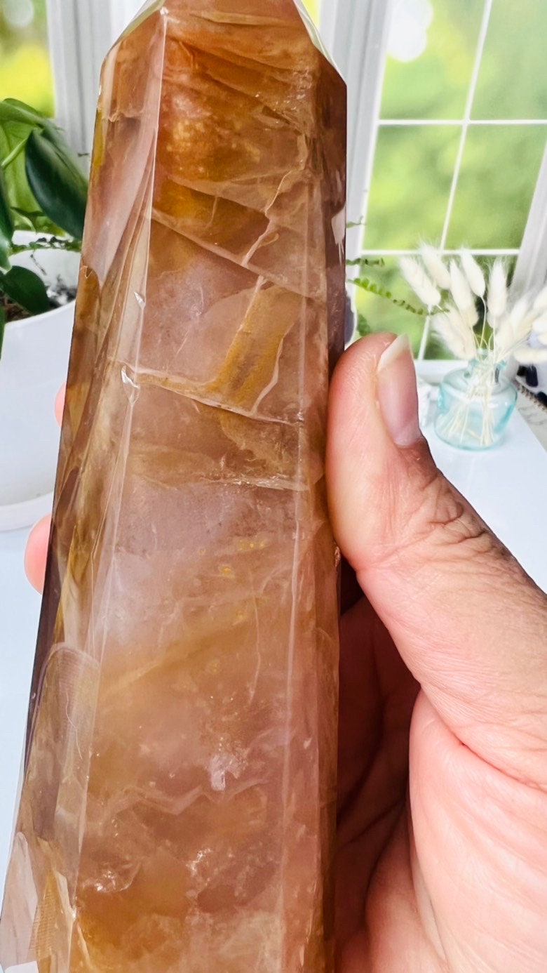 Golden Healer Quartz Tower, 6 1/2 inches tall, also known as Yellow Hematoid Quartz, Polished rich colored tower with rainbows crystal