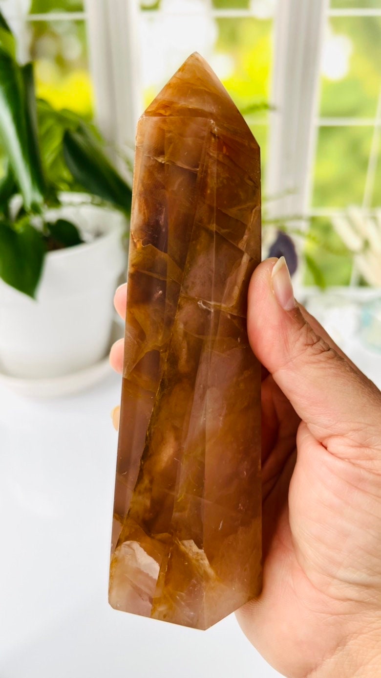Golden Healer Quartz Tower, 6 1/2 inches tall, also known as Yellow Hematoid Quartz, Polished rich colored tower with rainbows crystal