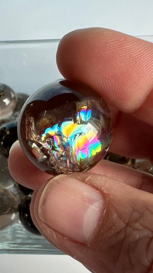 Stunning high-quality all-natural SMOKY QUARTZ spheres from Brazil (randomly chosen) with bright rainbows, One (1) 20-25mm