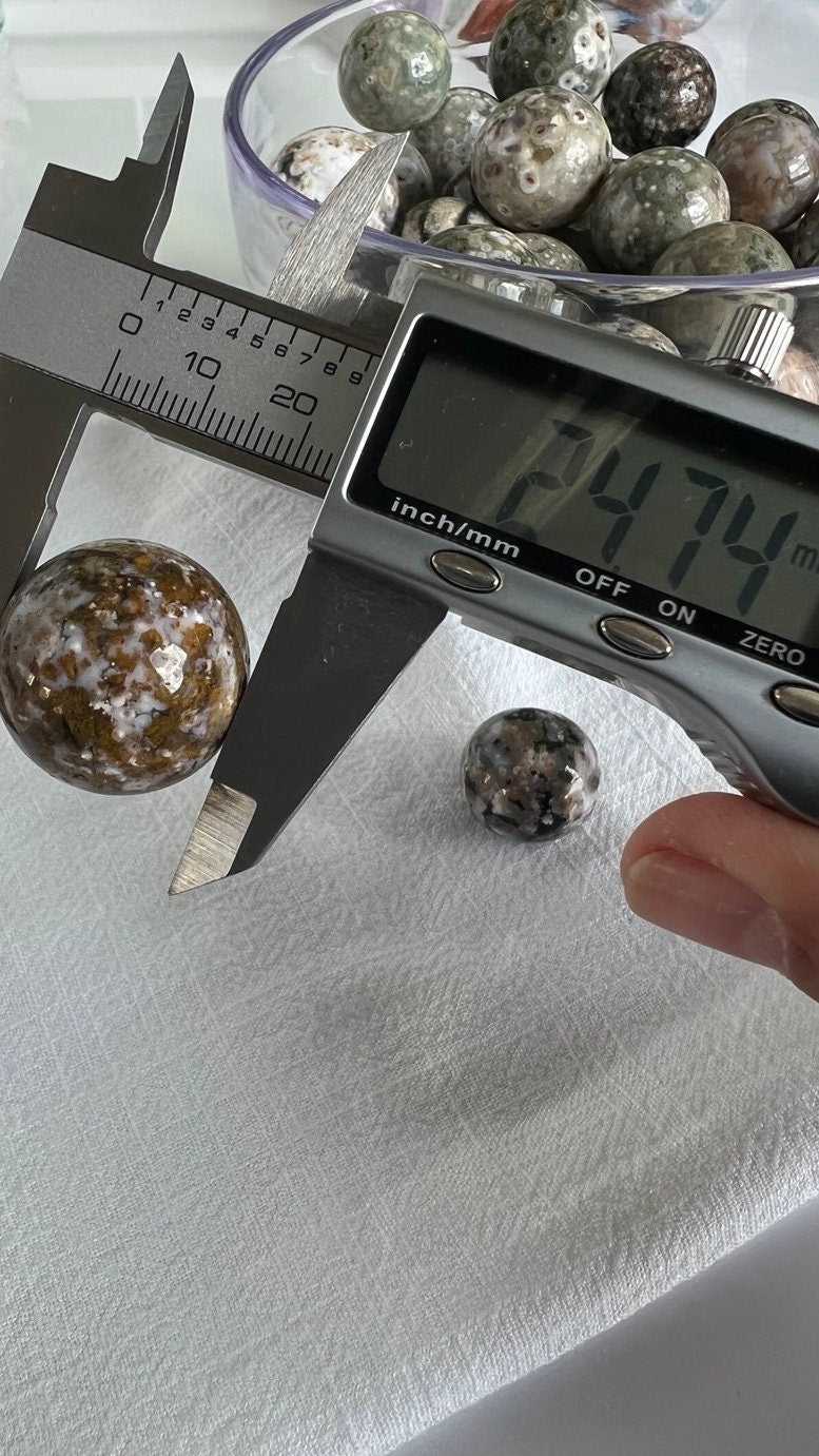 Incredible Sea Jasper, also known as Ocean Jasper and orbicular jasper, mini spheres, Random pull, mini stand included.