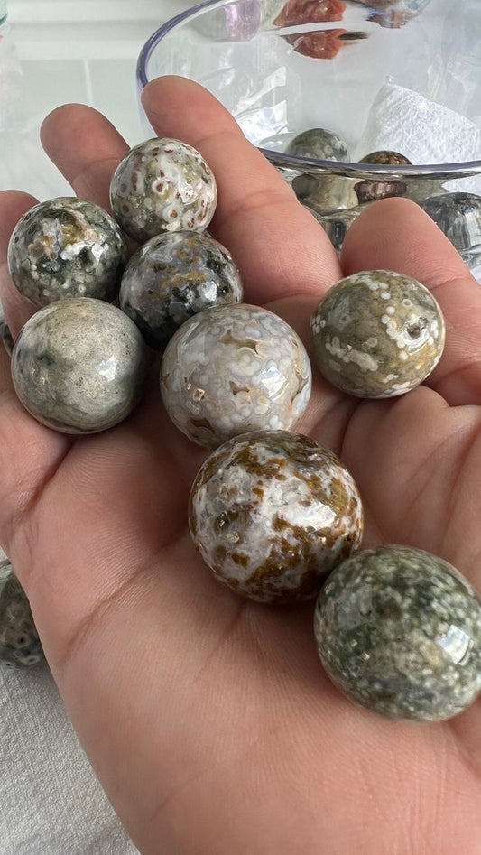 Incredible Sea Jasper, also known as Ocean Jasper and orbicular jasper, mini spheres, Random pull, mini stand included.