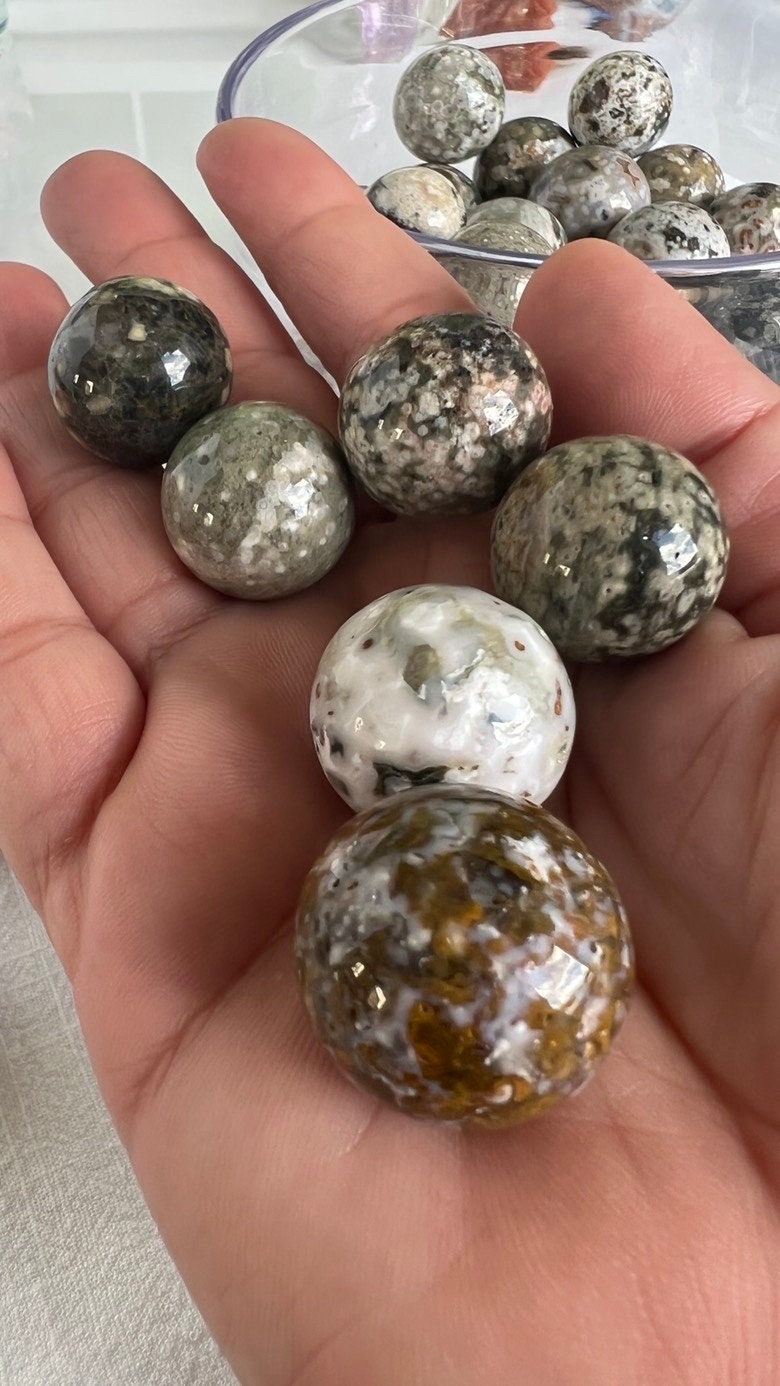 Incredible Sea Jasper, also known as Ocean Jasper and orbicular jasper, mini spheres, Random pull, mini stand included.
