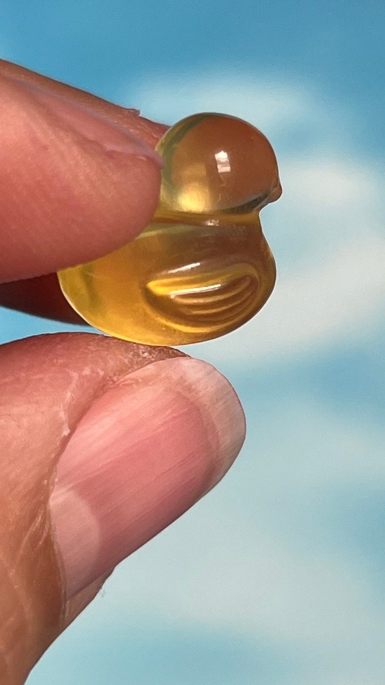 fluorite ducky mini carving, 1/2 inch crystal carving, hand carved crystals, Teeny tiny crystal carving, no, seriously, it's small