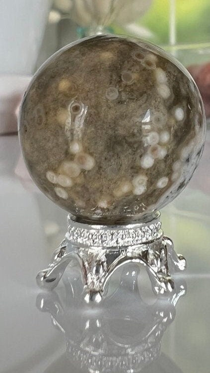 Incredible Sea Jasper, also known as Ocean Jasper and orbicular jasper, mini spheres, Random pull, mini stand included.