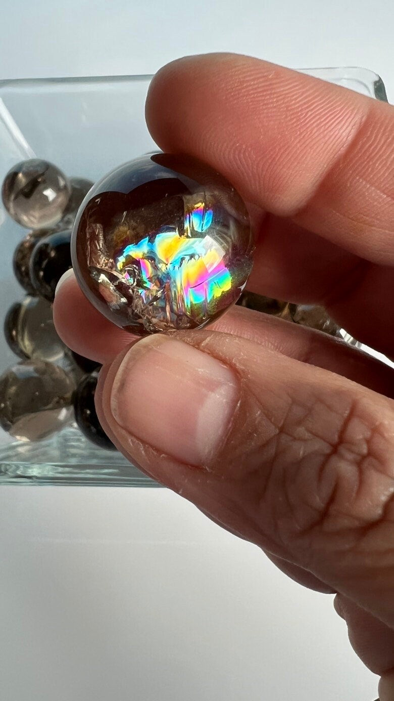 Stunning high-quality all-natural SMOKY QUARTZ spheres from Brazil (randomly chosen) with bright rainbows, One (1) 20-25mm