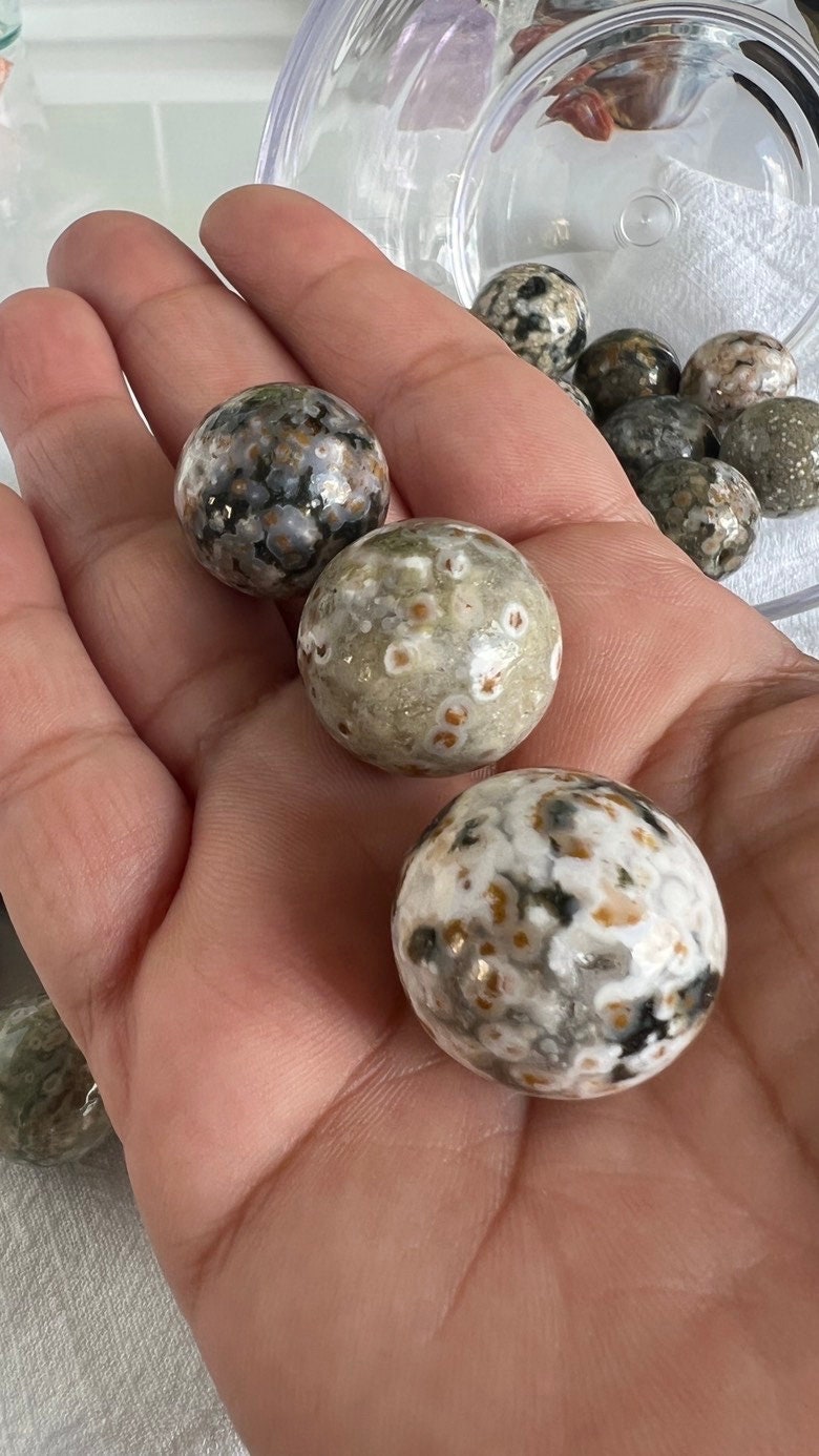 Incredible Sea Jasper, also known as Ocean Jasper and orbicular jasper, mini spheres, Random pull, mini stand included.