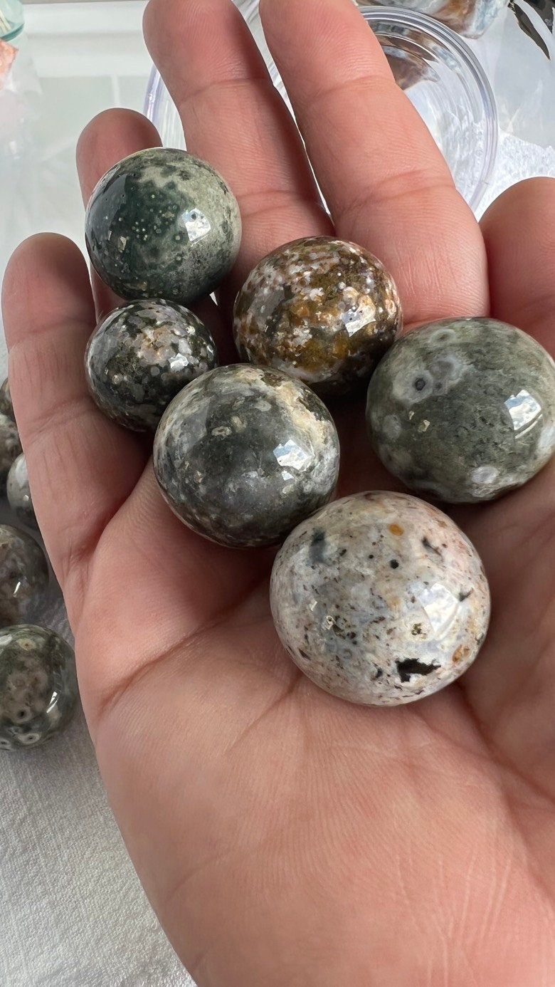 Incredible Sea Jasper, also known as Ocean Jasper and orbicular jasper, mini spheres, Random pull, mini stand included.