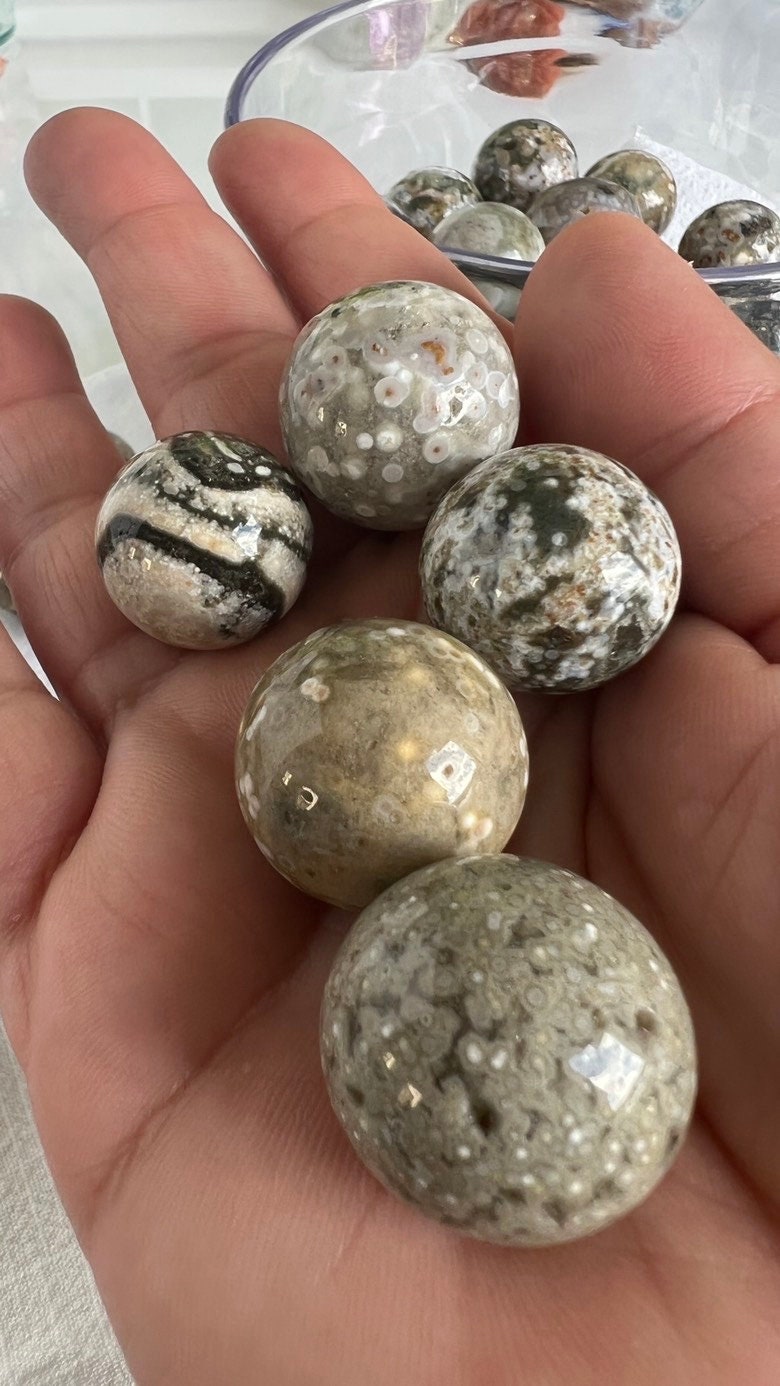 Incredible Sea Jasper, also known as Ocean Jasper and orbicular jasper, mini spheres, Random pull, mini stand included.