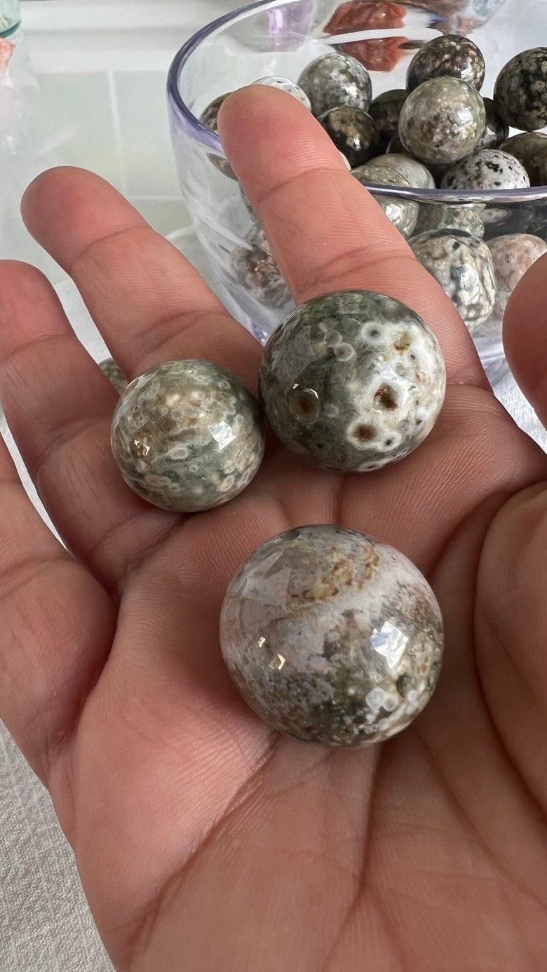 Incredible Sea Jasper, also known as Ocean Jasper and orbicular jasper, mini spheres, Random pull, mini stand included.