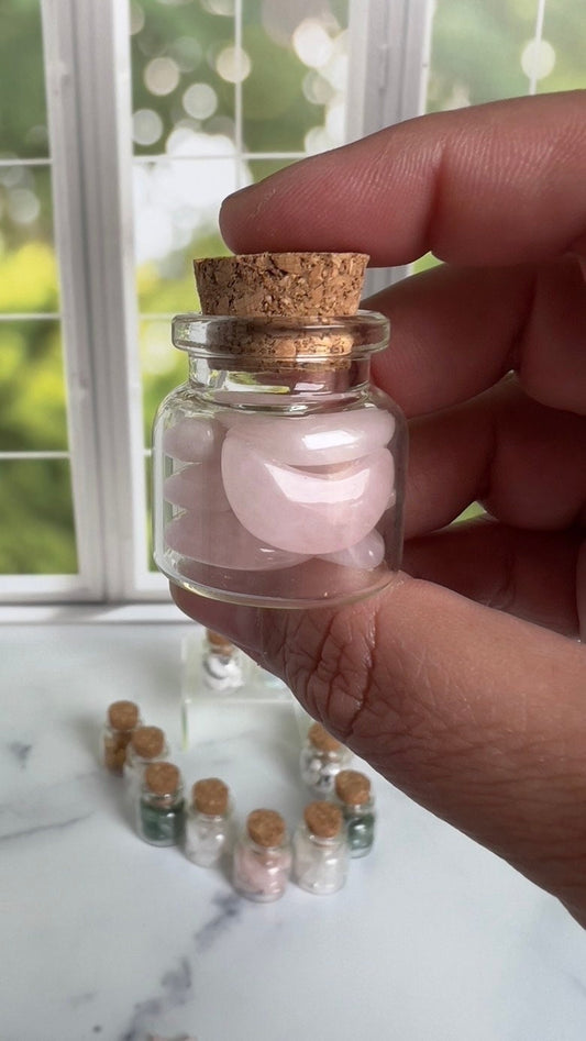 Moonshadow collection. Adorable Rose quartz mini moon shaped crystals in bottle with cork stopper wish bottle, includes 10 mini moons