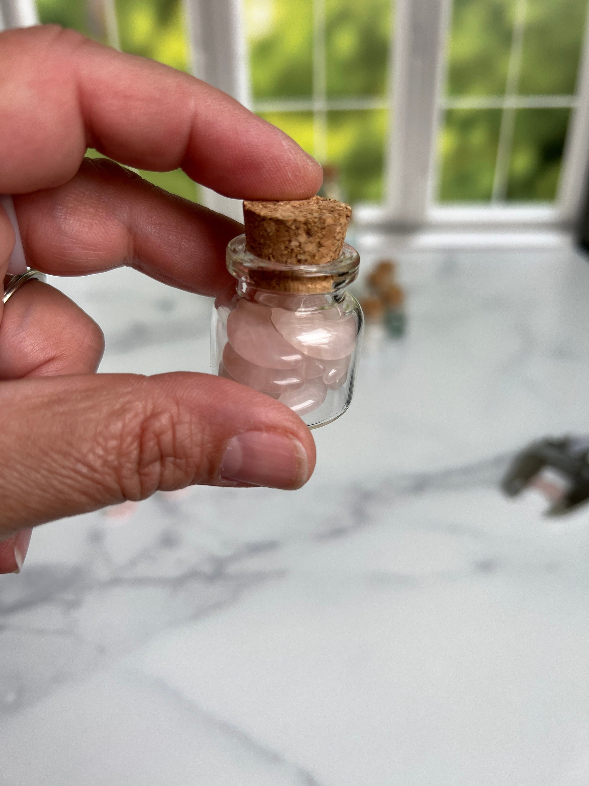 Moonshadow collection. Adorable Rose quartz mini moon shaped crystals in bottle with cork stopper wish bottle, includes 10 mini moons