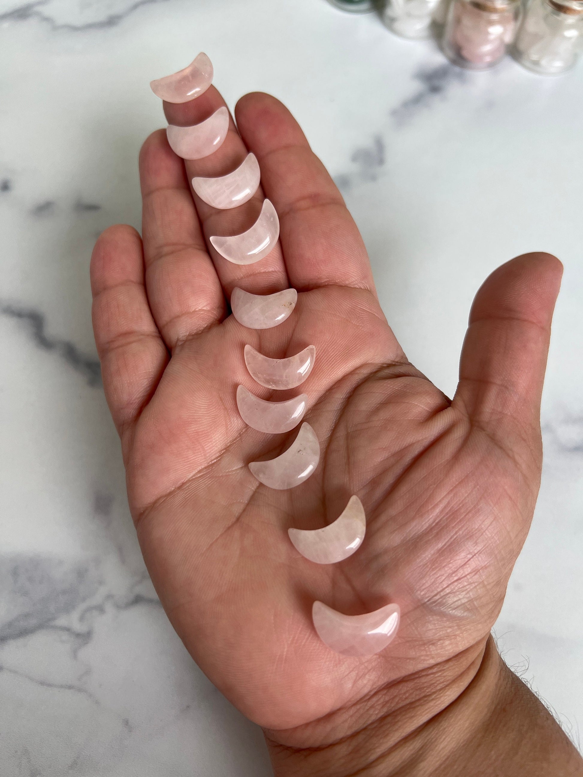 Moonshadow collection. Adorable Rose quartz mini moon shaped crystals in bottle with cork stopper wish bottle, includes 10 mini moons