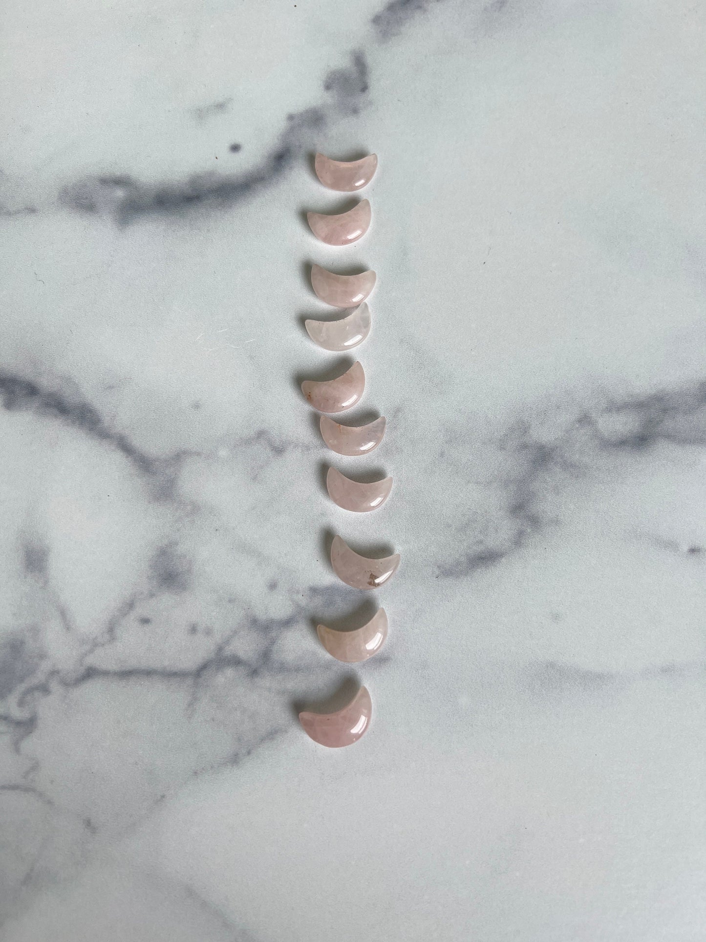 Moonshadow collection. Adorable Rose quartz mini moon shaped crystals in bottle with cork stopper wish bottle, includes 10 mini moons