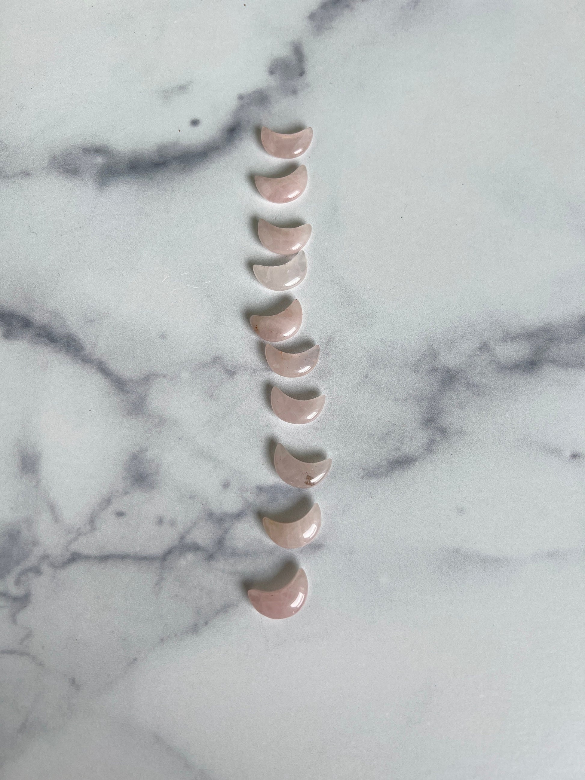 Moonshadow collection. Adorable Rose quartz mini moon shaped crystals in bottle with cork stopper wish bottle, includes 10 mini moons