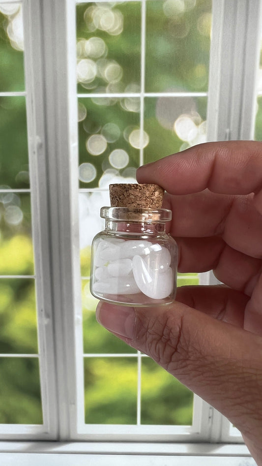 Moonshadow collection. Adorable Quartz mini moon shaped crystals in bottle with cork stopper wish bottle, includes 10 mini moons