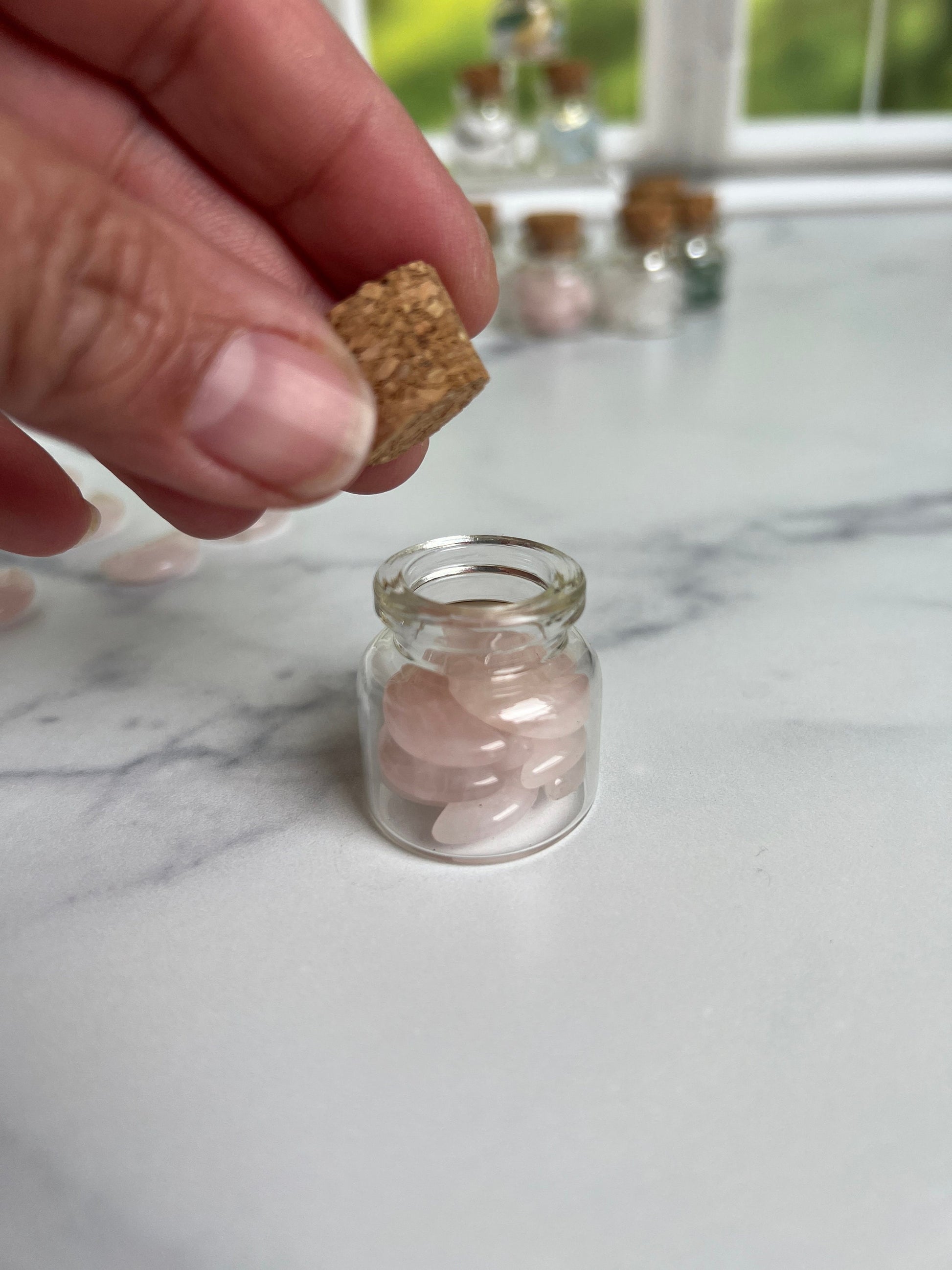 Moonshadow collection. Adorable Rose quartz mini moon shaped crystals in bottle with cork stopper wish bottle, includes 10 mini moons