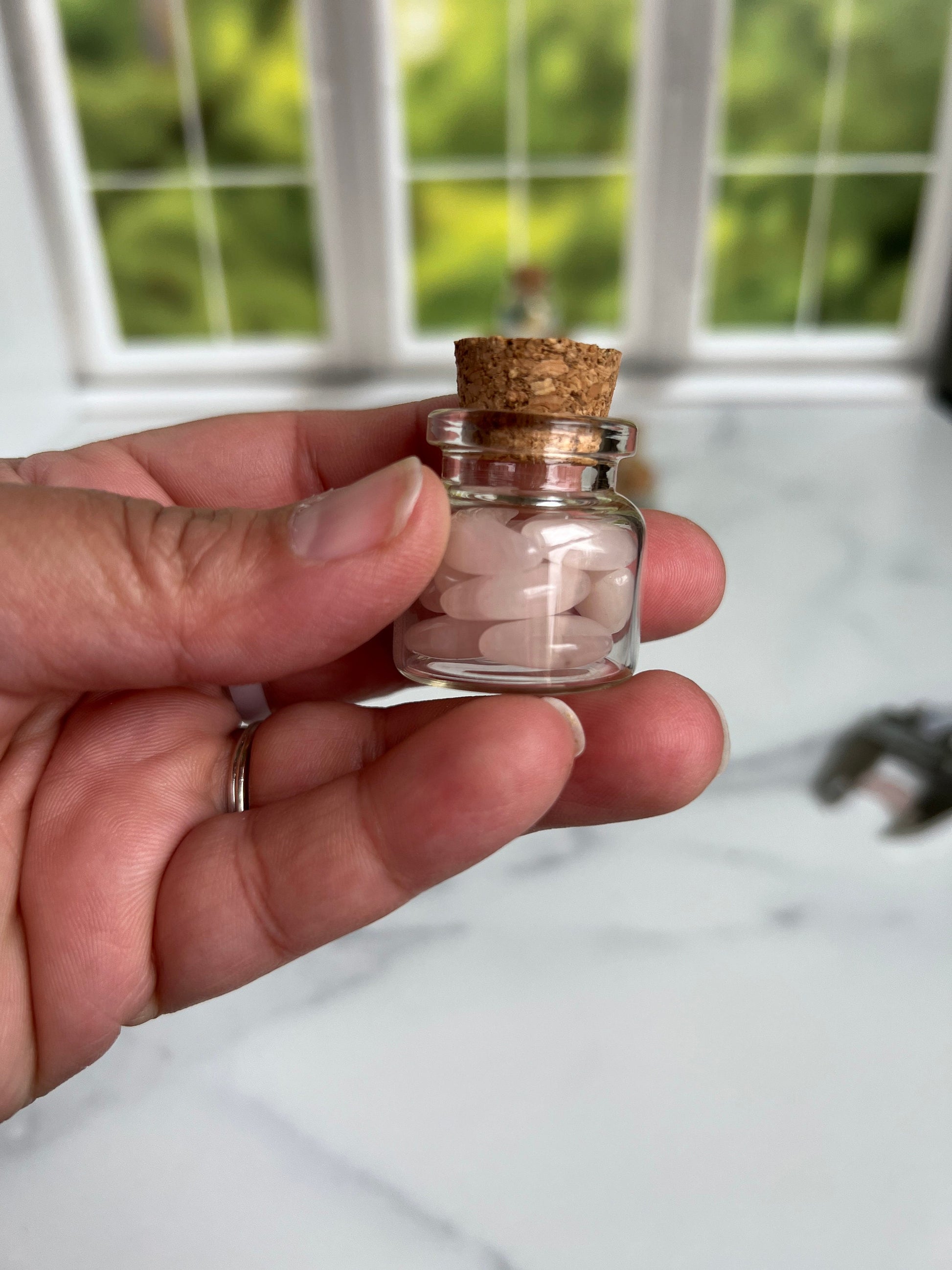 Moonshadow collection. Adorable Rose quartz mini moon shaped crystals in bottle with cork stopper wish bottle, includes 10 mini moons