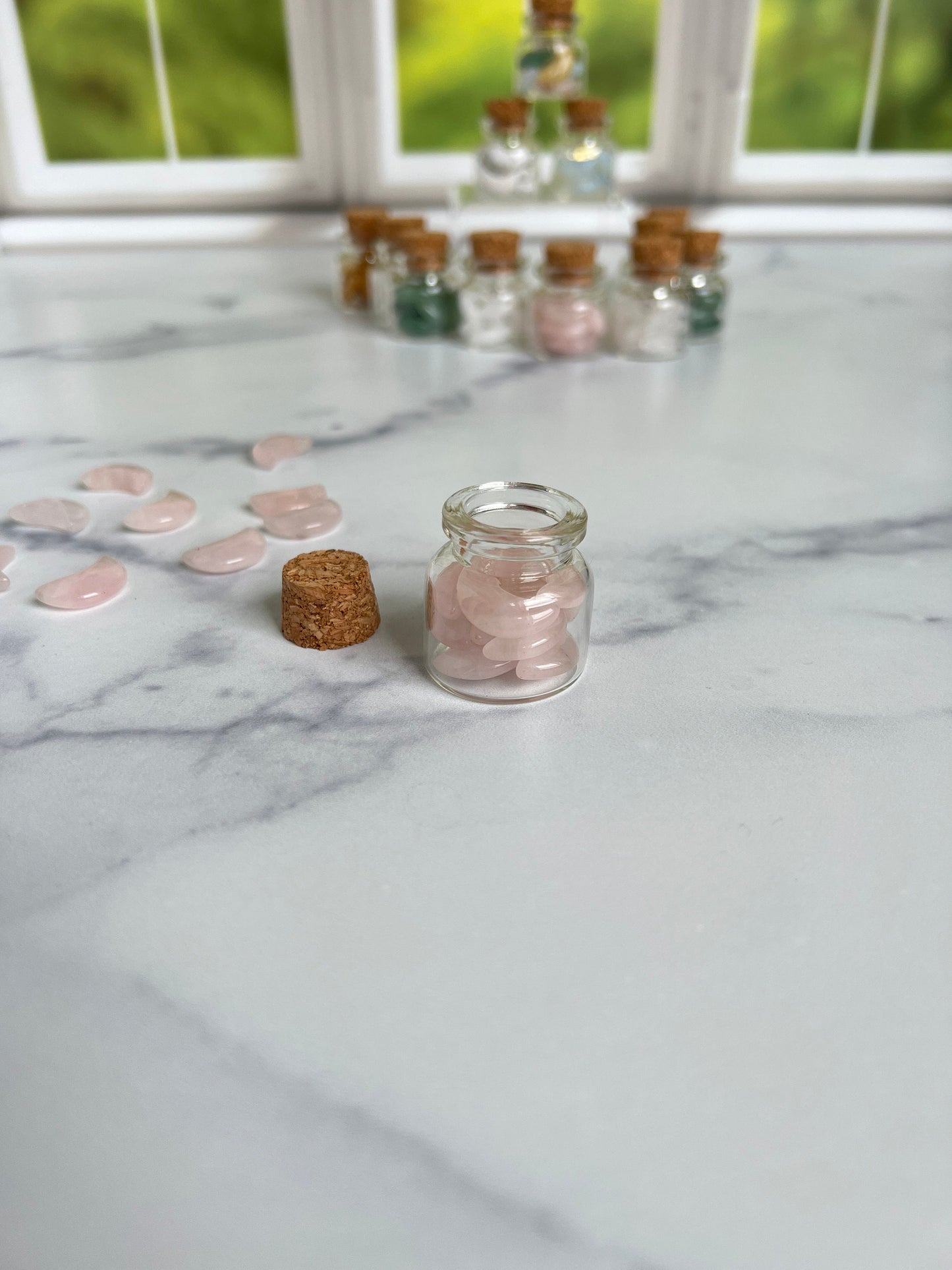 Moonshadow collection. Adorable Rose quartz mini moon shaped crystals in bottle with cork stopper wish bottle, includes 10 mini moons