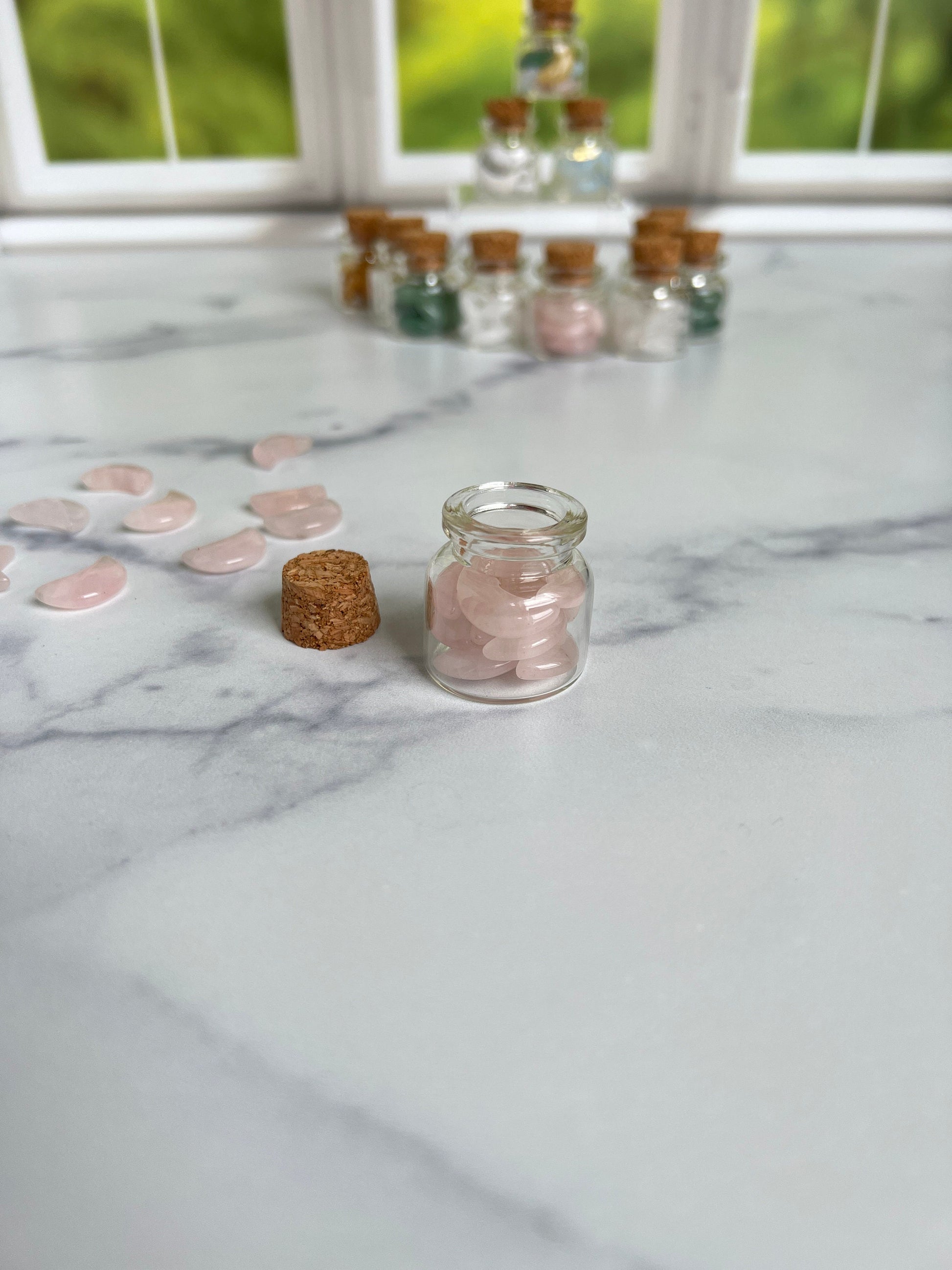 Moonshadow collection. Adorable Rose quartz mini moon shaped crystals in bottle with cork stopper wish bottle, includes 10 mini moons
