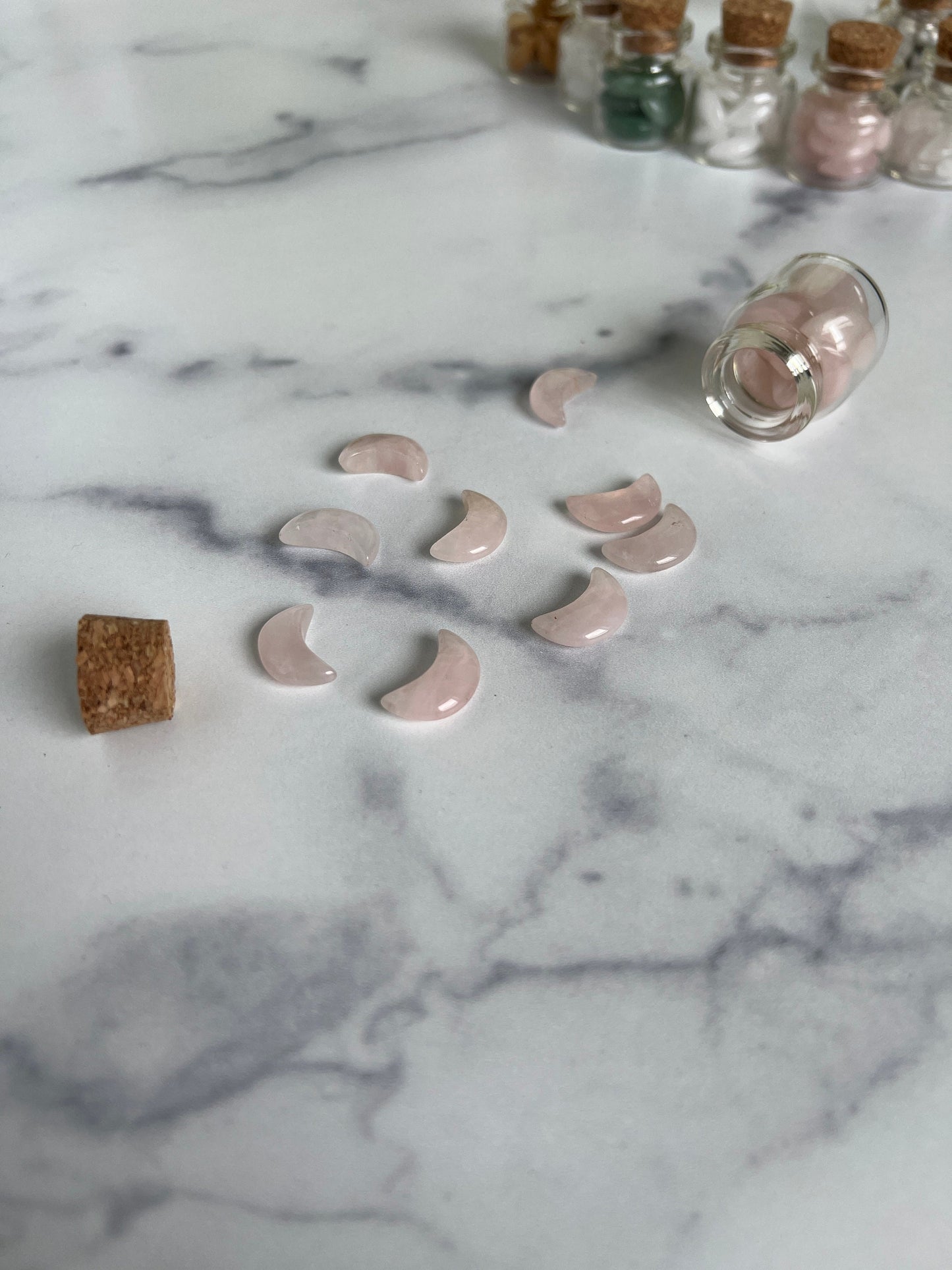 Moonshadow collection. Adorable Rose quartz mini moon shaped crystals in bottle with cork stopper wish bottle, includes 10 mini moons