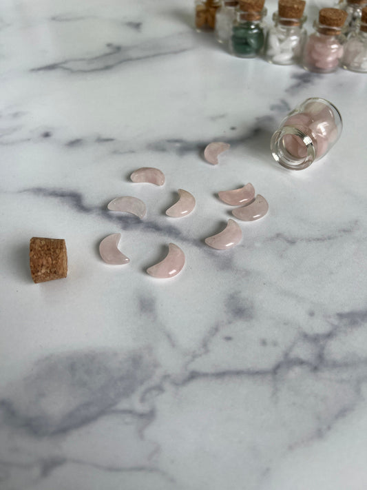 Moonshadow collection. Adorable Rose quartz mini moon shaped crystals in bottle with cork stopper wish bottle, includes 10 mini moons