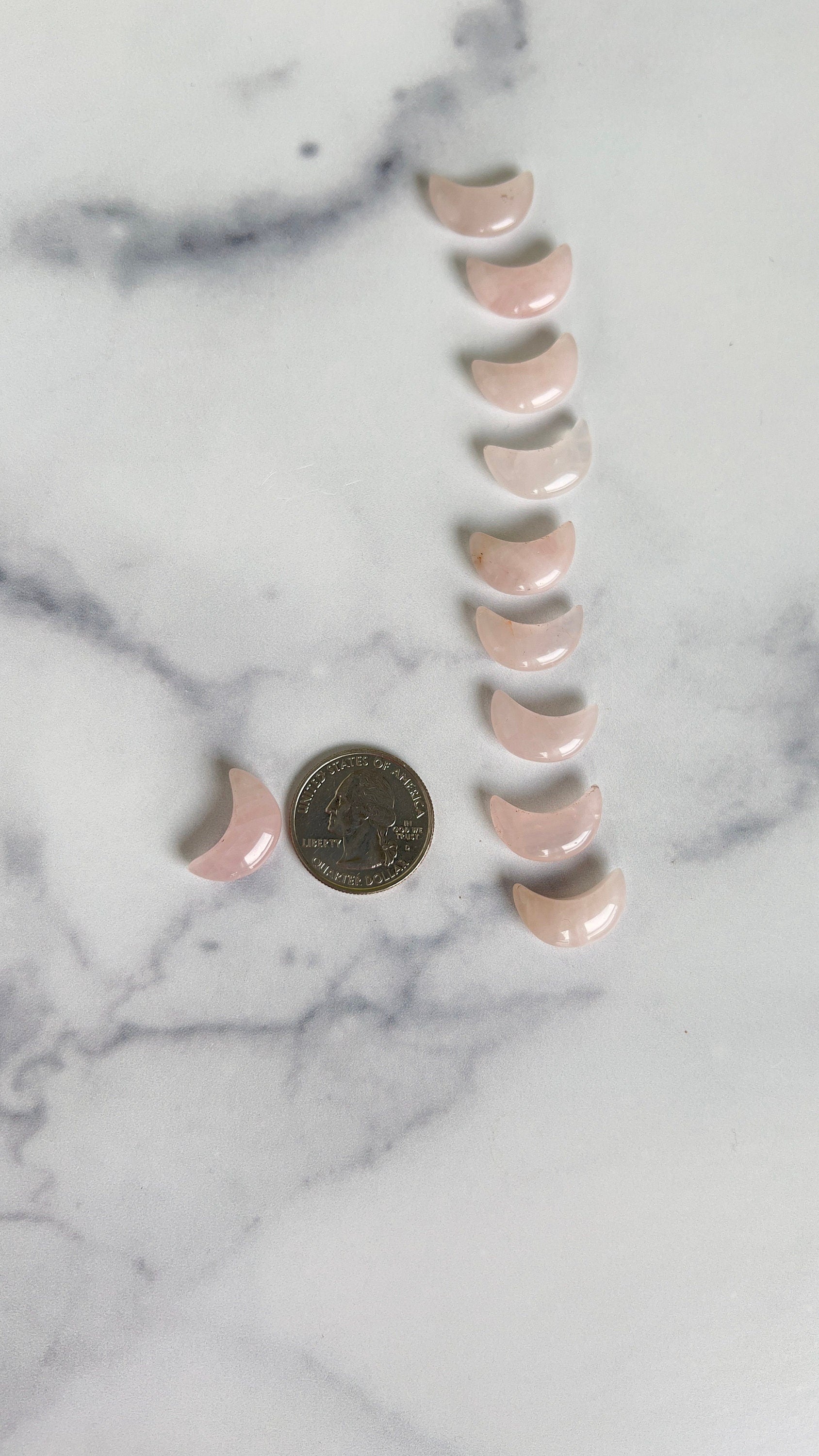 Moonshadow collection. Adorable Rose quartz mini moon shaped crystals in bottle with cork stopper wish bottle, includes 10 mini moons