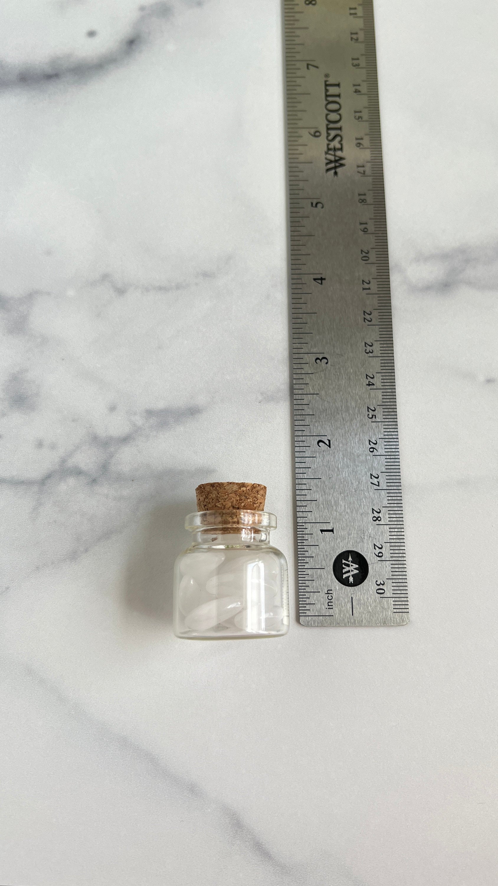 Moonshadow collection. Adorable Quartz mini moon shaped crystals in bottle with cork stopper wish bottle, includes 10 mini moons
