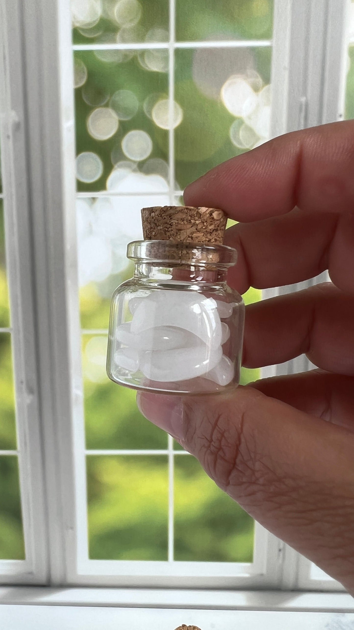 Moonshadow collection. Adorable Quartz mini moon shaped crystals in bottle with cork stopper wish bottle, includes 10 mini moons