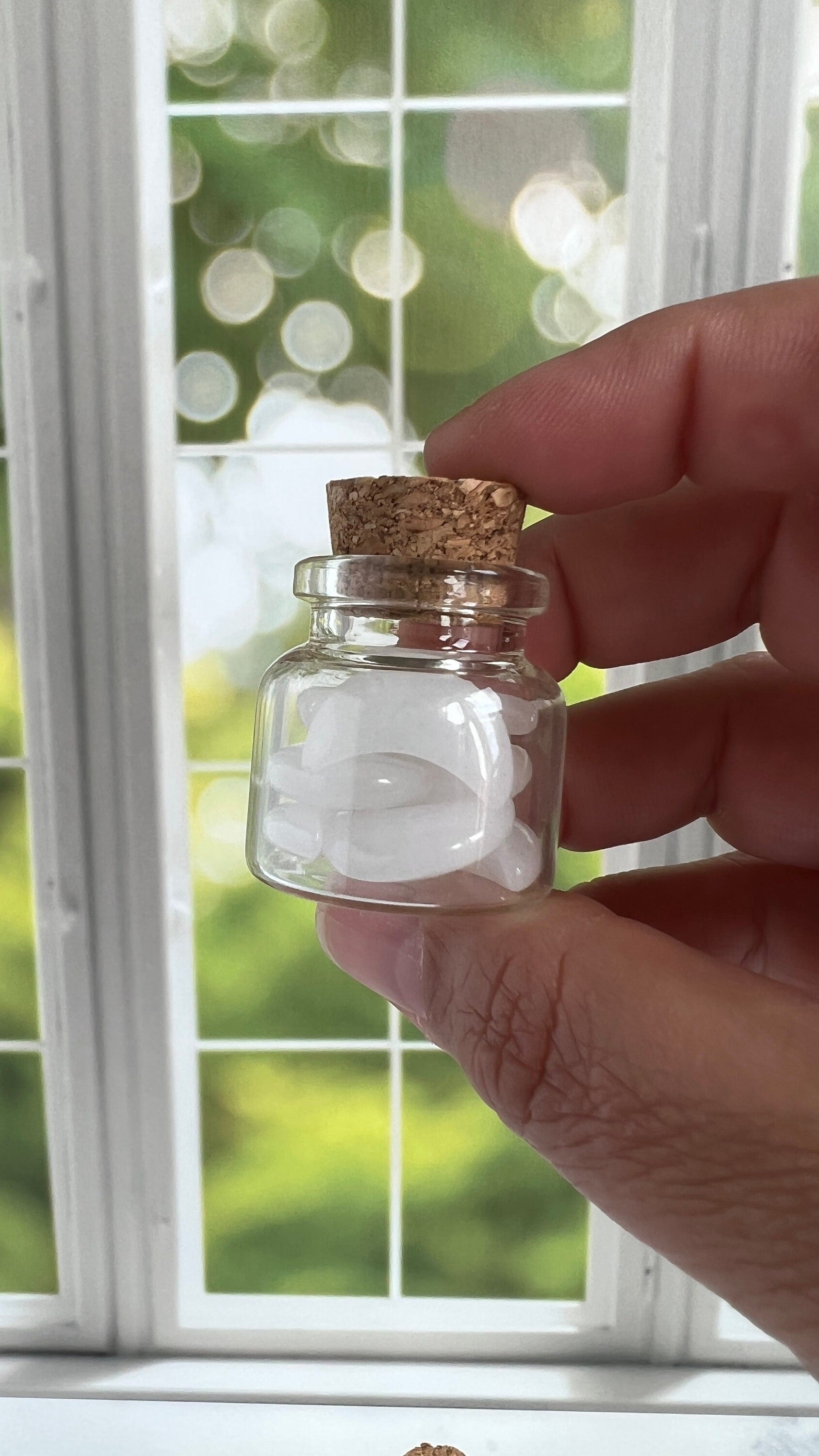 Moonshadow collection. Adorable Quartz mini moon shaped crystals in bottle with cork stopper wish bottle, includes 10 mini moons