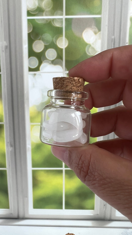 Moonshadow collection. Adorable Quartz mini moon shaped crystals in bottle with cork stopper wish bottle, includes 10 mini moons