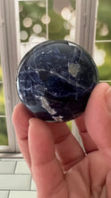 Load image into Gallery viewer, Stunning 2 inch Sodalite Sphere with deep royal blue color with a white calcite pattern, wooden stand included.
