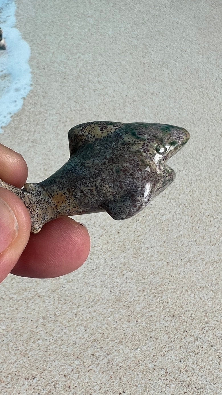 Super cute Ocean Jasper mini shark carvings in pastel colors approximately 2 inches. Random pull. Hand carved. high shine baby crystal shark