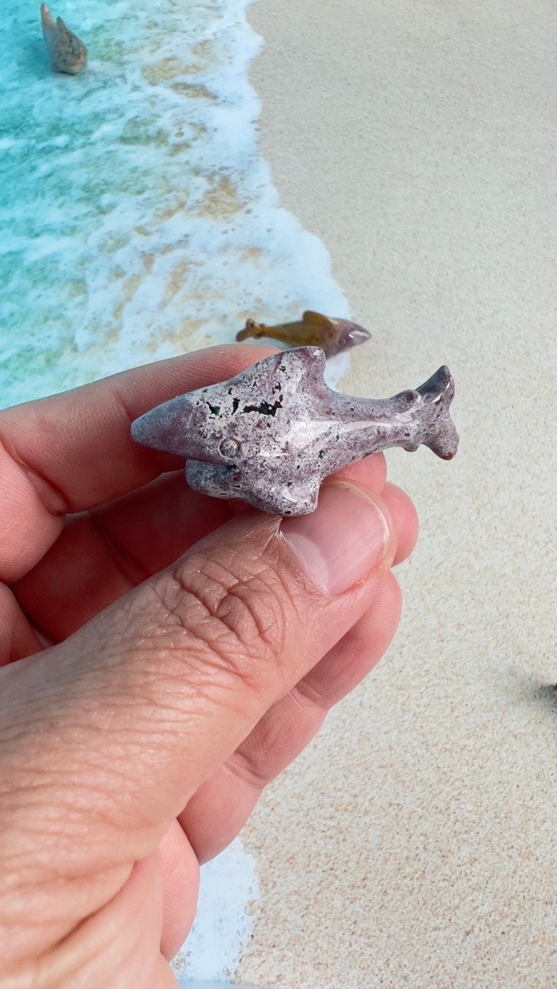 Super cute Ocean Jasper mini shark carvings in pastel colors approximately 2 inches. Random pull. Hand carved. high shine baby crystal shark