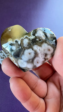 Incredible Sea Jasper (AKA Ocean Jasper) 1.9 inch heart carving with orbicular patterns with great surface. Weighs 1.9 ounces -- H6 --