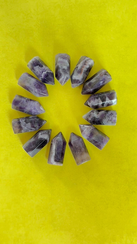 One (1) Amethyst mini point, 1.3 - 1.5 inch tall, Some with Chevron Pattern Mini Tower, Small, under ten dollars & perfect for beginners