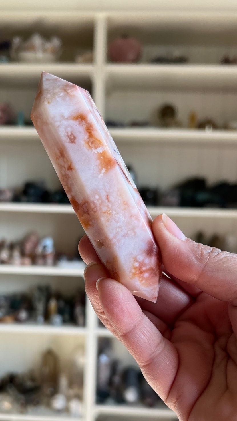 Incredible Flower Agate and Carnelian Double Terminated (DT) Crystal, 4 1/2 inches long 4.6 ounces, good points, Pink Chalcedony (CFDT-1)