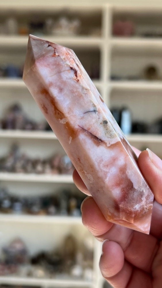 Incredible Flower Agate and Carnelian Double Terminated (DT) Crystal, 4 1/2 inches long 4.6 ounces, good points, Pink Chalcedony (CFDT-1)