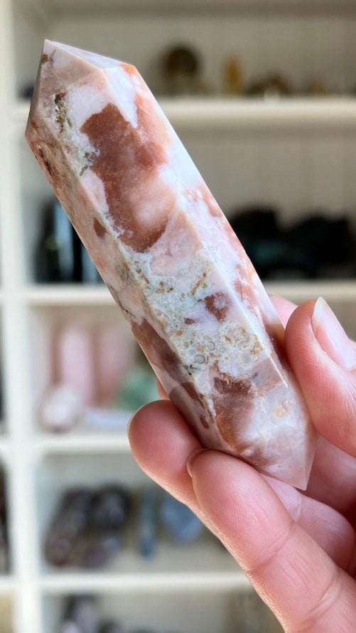Incredible Flower Agate and Carnelian Double Terminated (DT) Crystal, 4 1/2 inches long 4.6 ounces, good points, Pink Chalcedony (CFDT-1)