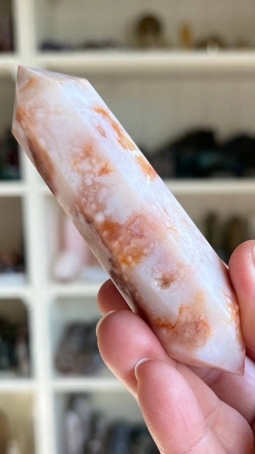 Incredible Flower Agate and Carnelian Double Terminated (DT) Crystal, 4 1/2 inches long 4.6 ounces, good points, Pink Chalcedony (CFDT-1)
