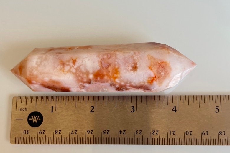 Incredible Flower Agate and Carnelian Double Terminated (DT) Crystal, 4 1/2 inches long 4.6 ounces, good points, Pink Chalcedony (CFDT-1)