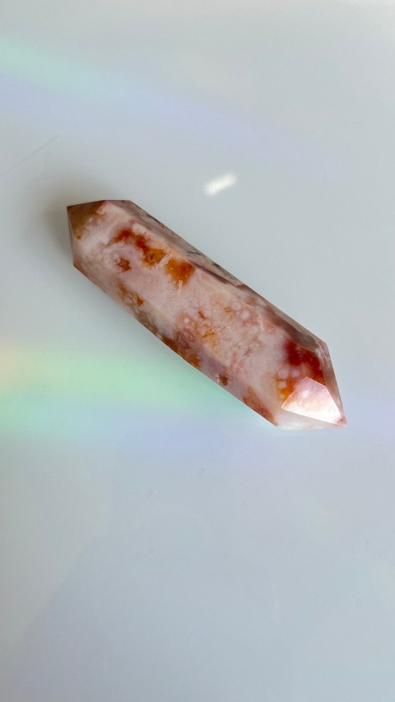 Incredible Flower Agate and Carnelian Double Terminated (DT) Crystal, 4 1/2 inches long 4.6 ounces, good points, Pink Chalcedony (CFDT-1)
