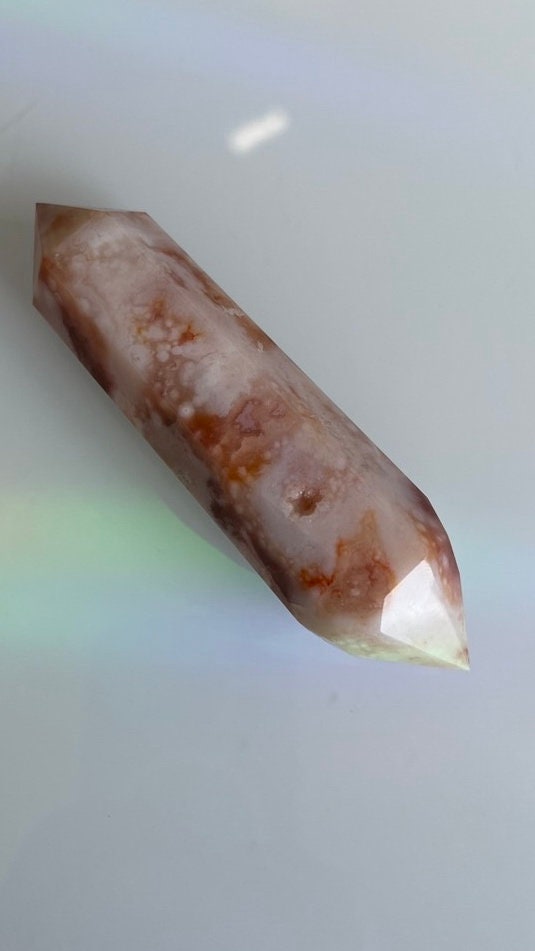 Incredible Flower Agate and Carnelian Double Terminated (DT) Crystal, 4 1/2 inches long 4.6 ounces, good points, Pink Chalcedony (CFDT-1)