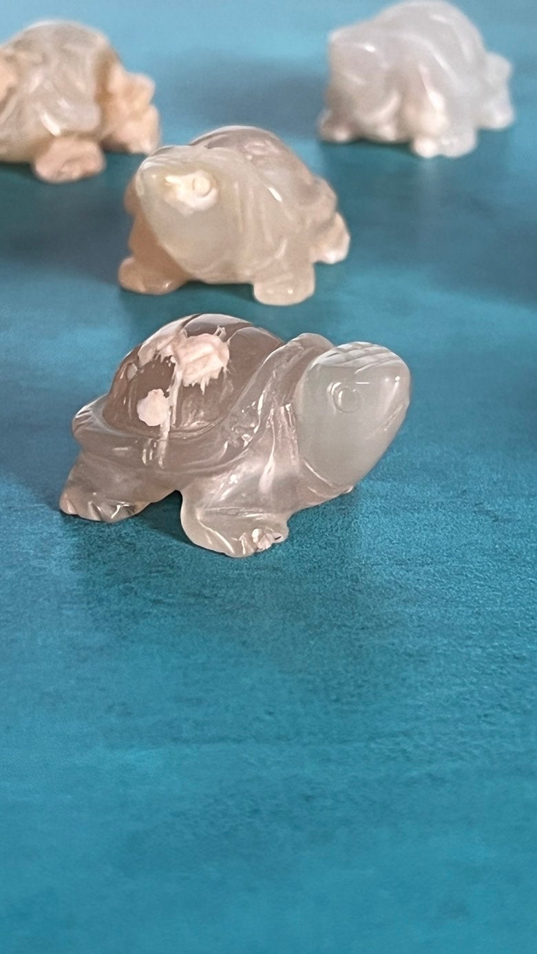 Flower Agate Turtle approx 2 inches long. One (1) Adorable Hand Carved (Randomly Selected from our general stock).